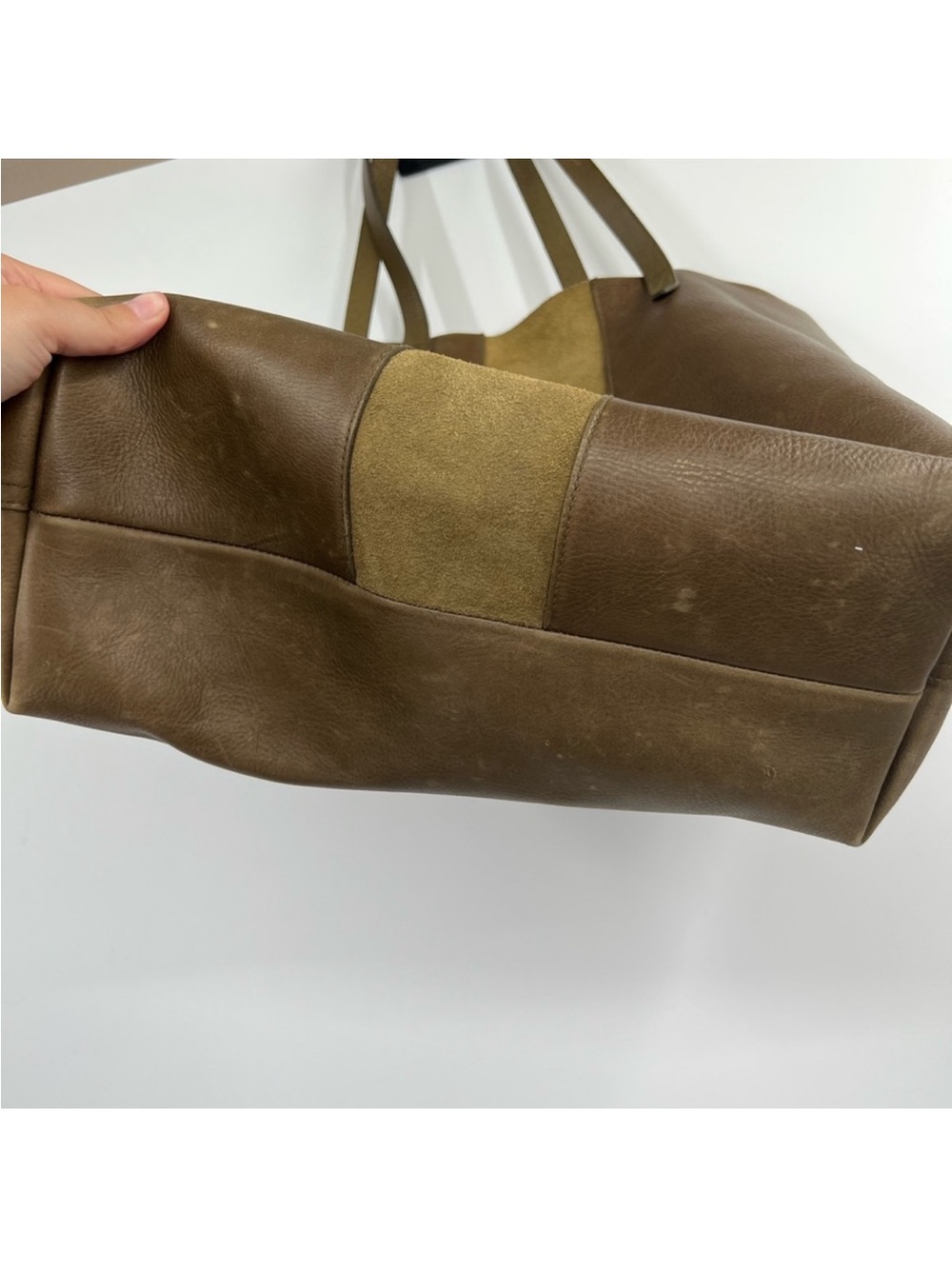 Madewell Transport Tote Moss Green Leather Suede Stripe Bag Purse - Picture 4 of 5